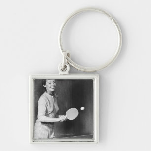 Woman Playing Table Tennis Key Ring