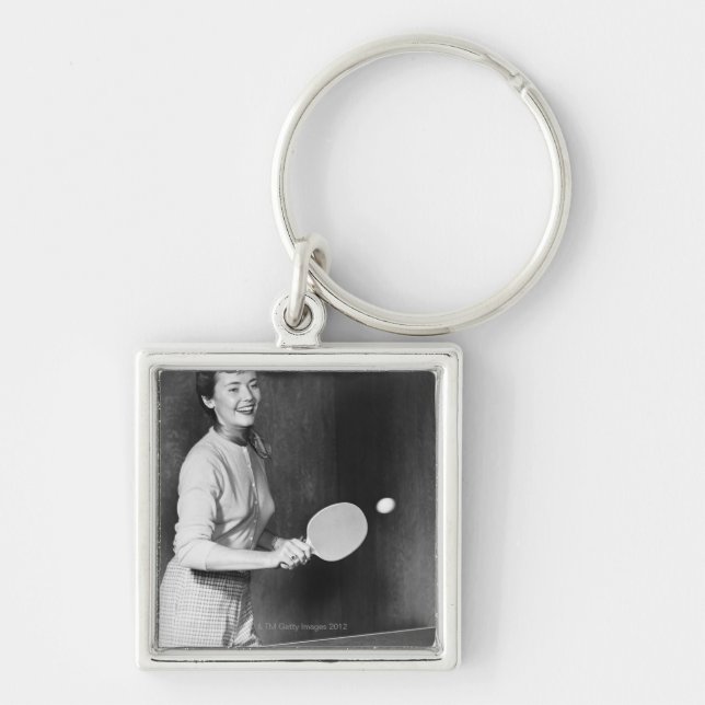 Woman Playing Table Tennis Key Ring (Front)