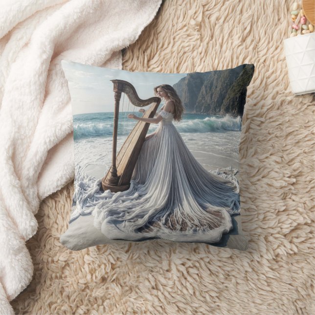 Woman Playing the Harp On the Seashore Cushion (Blanket)