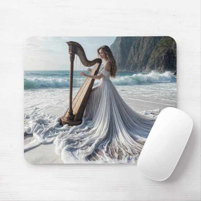 Woman Playing the Harp On the Seashore Mouse Pad (With Mouse)