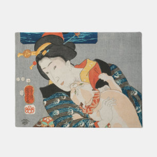 Woman Playing with Cat Vintage Japanese Print Doormat