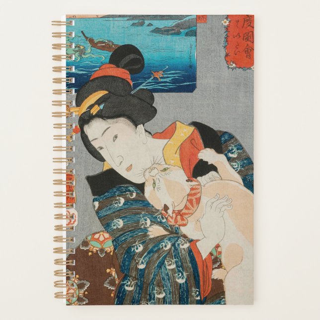 Woman Playing with Cat Vintage Japanese Print Planner (Front)