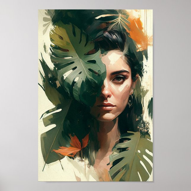 Woman Portrait, Tropical Leaves Wall Art Poster  (Front)