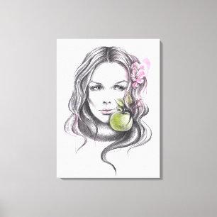 Woman portrait with apple and blossom Surreal art Canvas Print