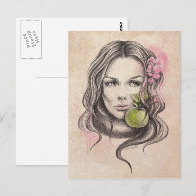 Woman portrait with apple and blossom Surreal art Postcard (Front/Back)