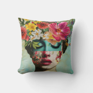Woman portrait with fashion flowers on the head. cushion