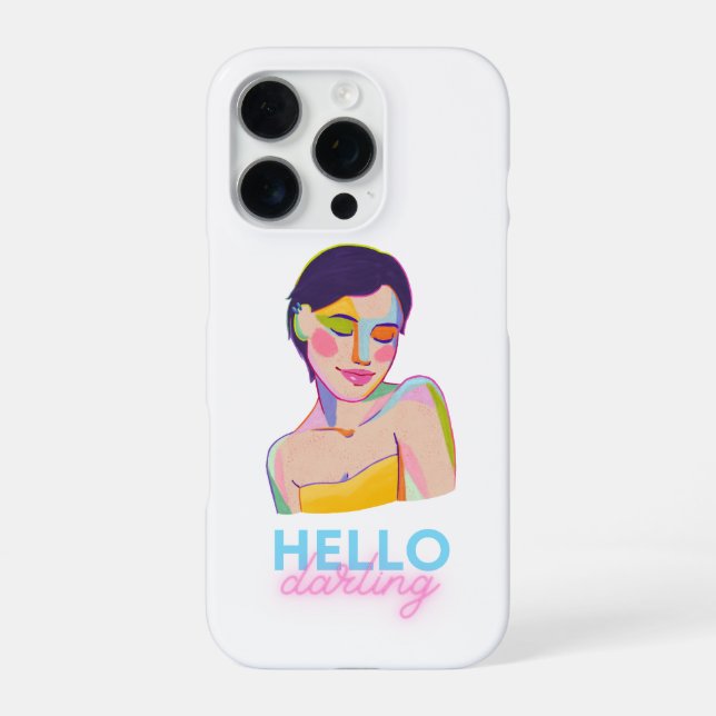Woman Portrait with Hello Darling Typography iPhone Case (Back)