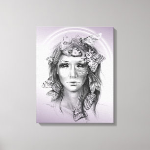Woman portrait with moths surreal pencil art canvas print