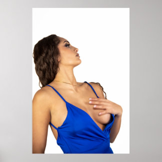 Woman posing in blue dress showing confidence and  poster