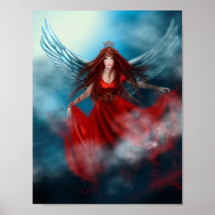 Woman queen with wings in red dress in clouds poster