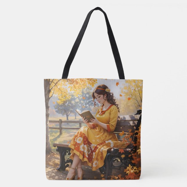 Woman Reading a Book Fall Leaves Birthday Gift Tote Bag (Front)