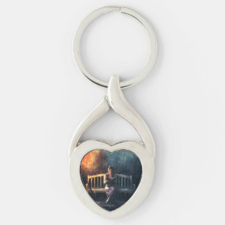 Woman Reading Book in the Rain Key Ring