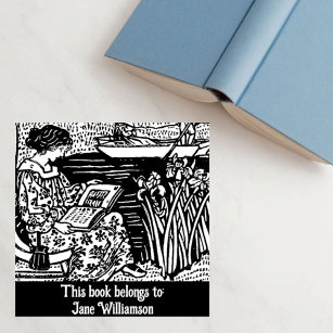 Woman reading book rubber stamp