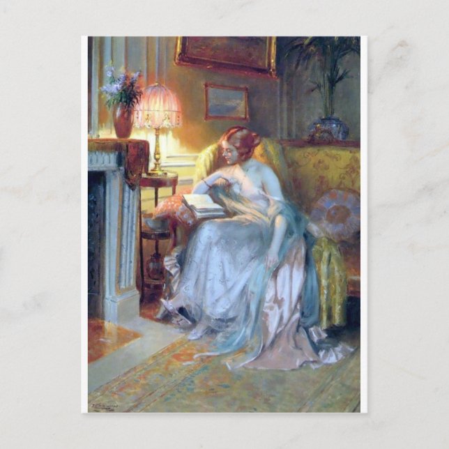 Woman reading by the lamp antique painting postcard (Front)