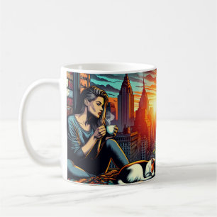 Woman Reading in City Window with Cat and Coffee Mug