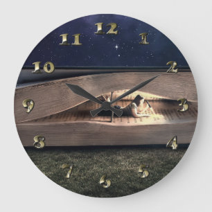 Woman Reading Inside Book at Night Large Clock