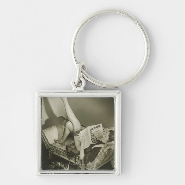 Woman Reading Magazine Key Ring (Front)