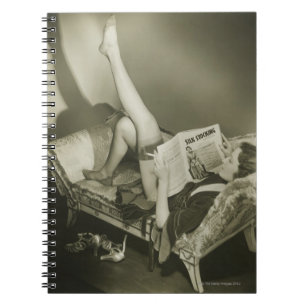 Woman Reading Magazine Notebook