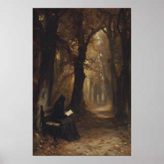 Woman Reading Moody Autumn Forest Art Printable Poster