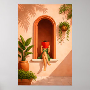 Woman Reading Poster, Mediterranean Nook Wall Art