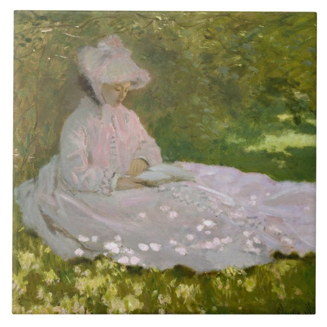 Woman Reading Springtime Monet Tile (Front)