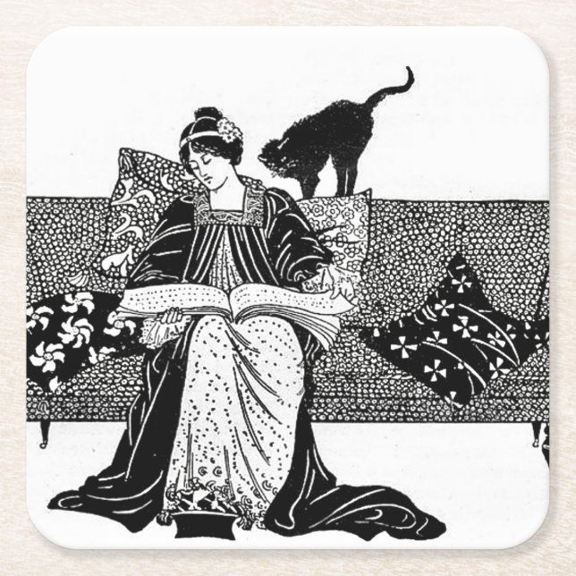 Woman reading with cat accent square paper coaster (Front)