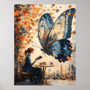 Woman Reading with Giant Butterfly Abstract Art Poster