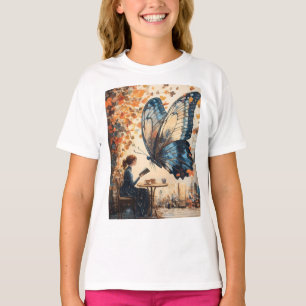 Woman Reading with Giant Butterfly Abstract Art T-Shirt