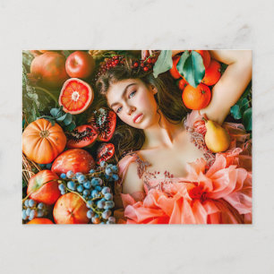 Woman reclining among fruits and petals postcard