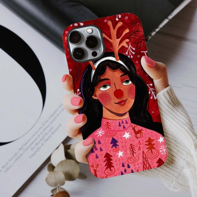 Woman red Christmas festive reindeer Case-Mate iPhone Case (Creator Uploaded)