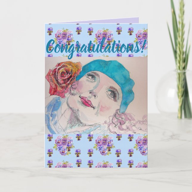 Woman Red Rose Floral Conrgatulations art Card (Front)