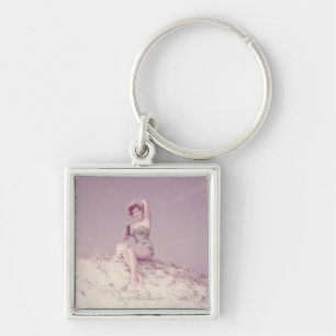 Woman Relaxing on Beach Key Ring