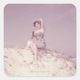 Woman Relaxing on Beach Square Sticker
