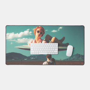 Woman Relaxing on UFO in Desert Desk Mat