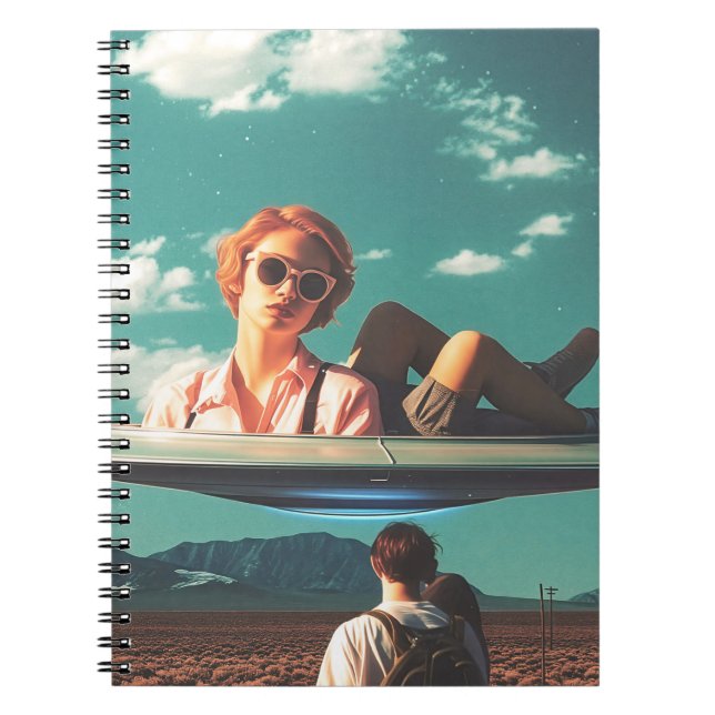 Woman Relaxing on UFO in Desert Notebook (Front)