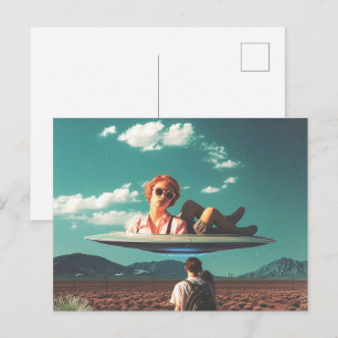 Woman Relaxing on UFO in Desert Postcard