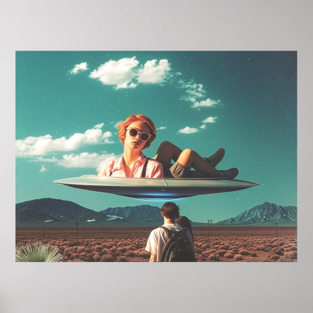 Woman Relaxing on UFO in Desert Poster (Front)