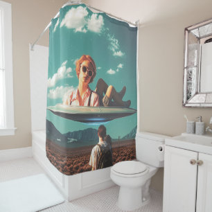 Woman Relaxing on UFO in Desert Shower Curtain