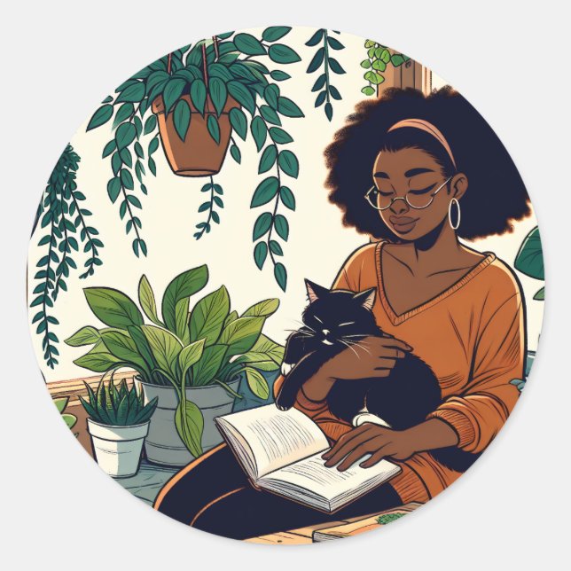 Woman Relaxing with her cat, book and plants Classic Round Sticker (Front)