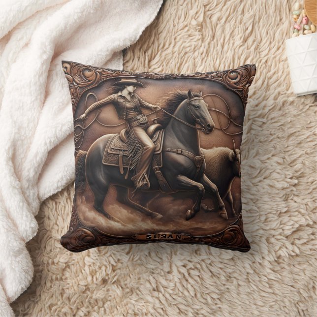 Woman Roping Cattle on Horse in Rodeo Artwork Cushion (Blanket)