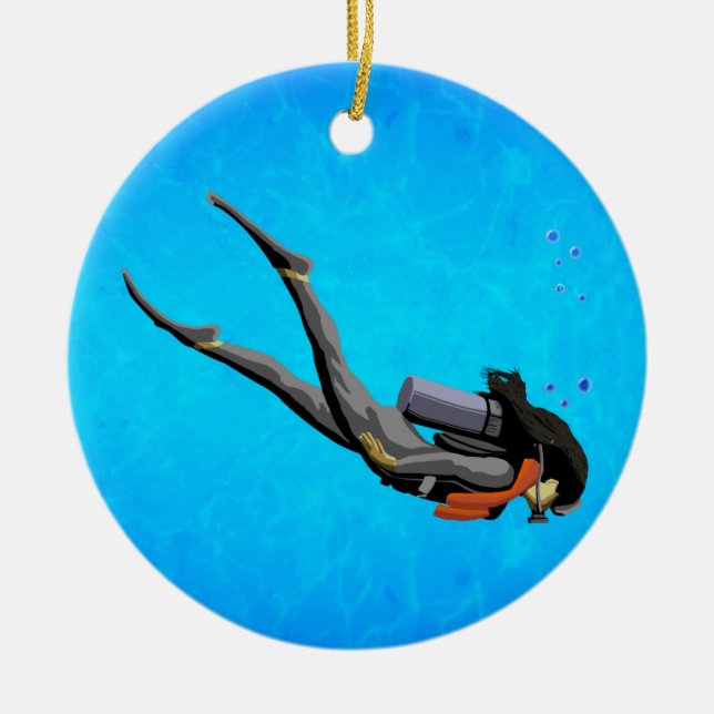 Woman SCUBA Diving Ceramic Tree Decoration (Front)