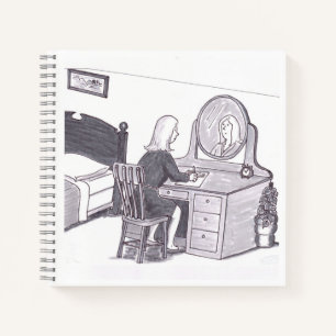 Woman Seated at Bedroom Desk with Mirror Writing Notebook