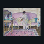 Woman Seated on Sofa | Frederick Carl Frieseke Postcard<br><div class="desc">Woman Seated on Sofa in Interior (1912–14) by Frederick Carl Frieseke (American, 1874–1939) is a radiant interior portrait that exudes elegance and calm. The painting features a woman seated gracefully on a sofa, surrounded by lush lilac-toned decor and patterned textiles. Frieseke’s signature use of light, colour, and decorative detail—hallmarks of...</div>