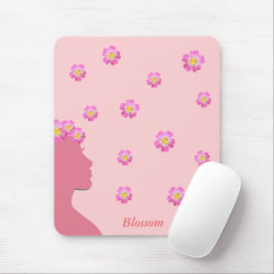 Woman silhouette, flowers & text on pink mouse pad