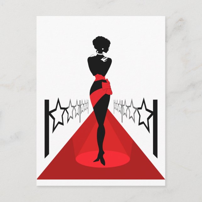 Woman silhouette on a red carpet with stars postcard (Front)