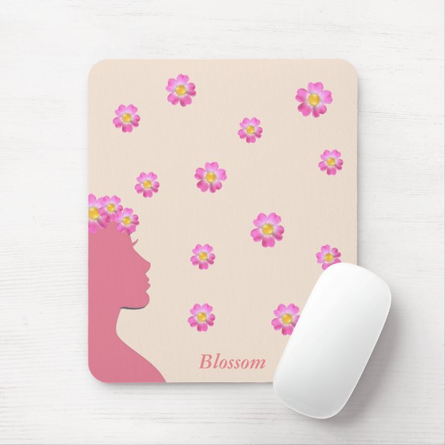 Woman silhouette, pink flowers & text on beige mouse pad (With Mouse)
