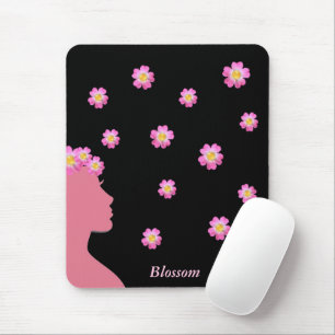 Woman silhouette, pink flowers & text on black mouse pad