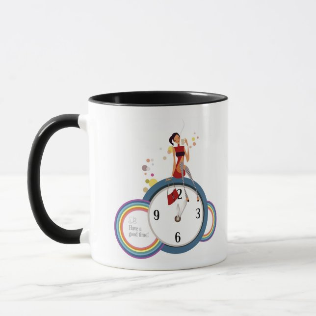 Woman sitting on a clock and holding a tea cup (Left)