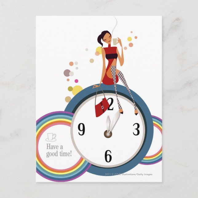 Woman sitting on a clock and holding a tea cup postcard (Front)