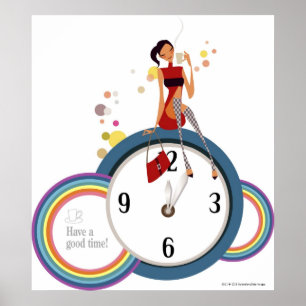 Woman sitting on a clock and holding a tea cup poster